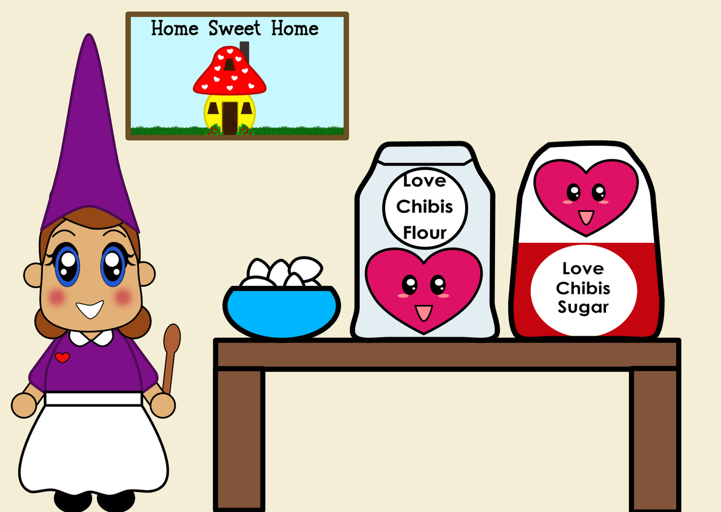 Love Chibi gnome holding a spoon next to a table with eggs, flour and sugar