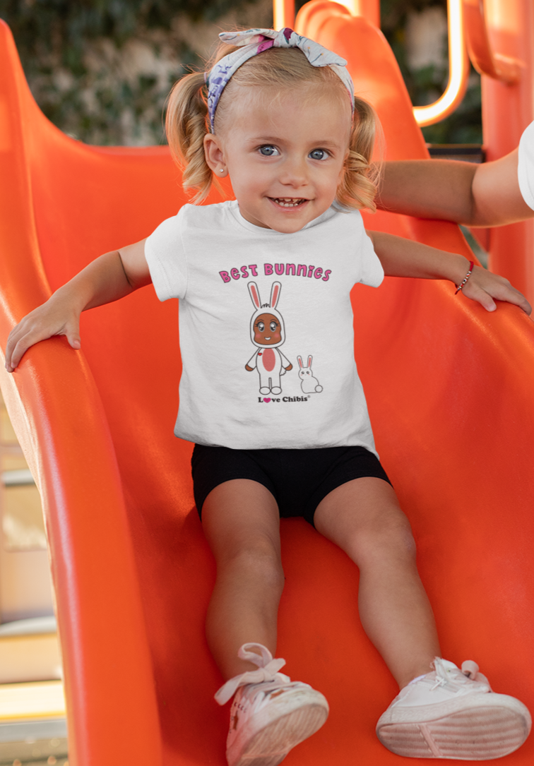 Load image into Gallery viewer, Toddler girl wearing a love chibis Best Bunnies tshirt

