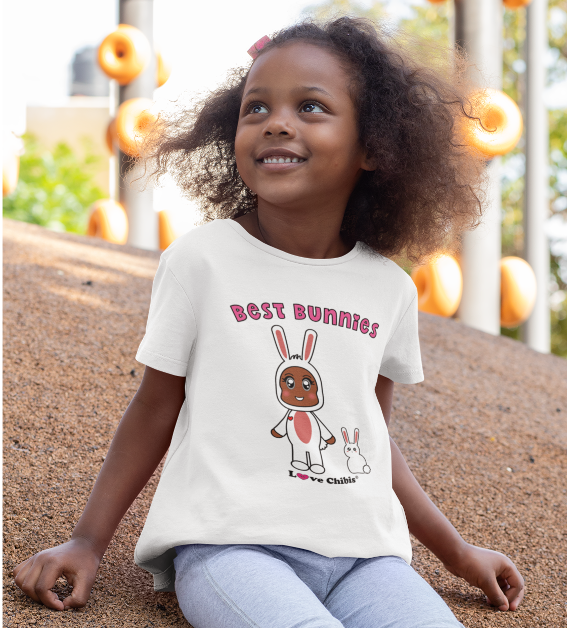 Load image into Gallery viewer, Youth girl wearing a love chibis best bunnies t-shirt
