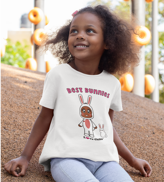 Youth girl wearing a love chibis best bunnies t-shirt