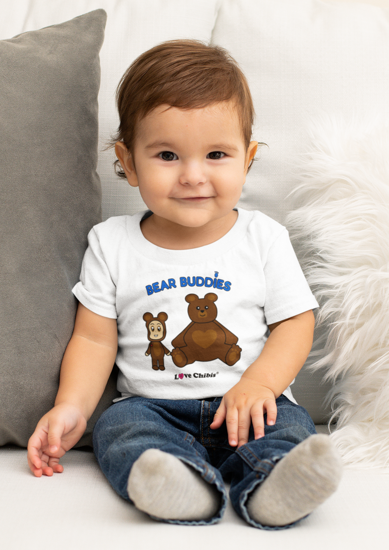 Load image into Gallery viewer, Toddler wearing a Love Chibis Bear Buddies white t-shirt
