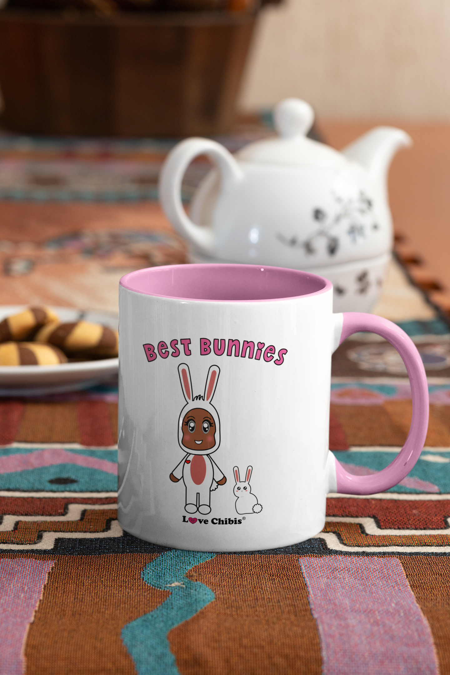 Load image into Gallery viewer, Love chibis best bunnies 11 oz mug with pink inside and pink handle
