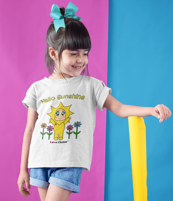 youth girl wearing a love chibis hello sunshine t-shirt